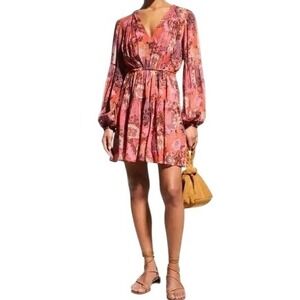 A.L.C. Elise Long Sleeve 100% Silk Floral Mini Dress Womens Size 8 Red Pink Boho
